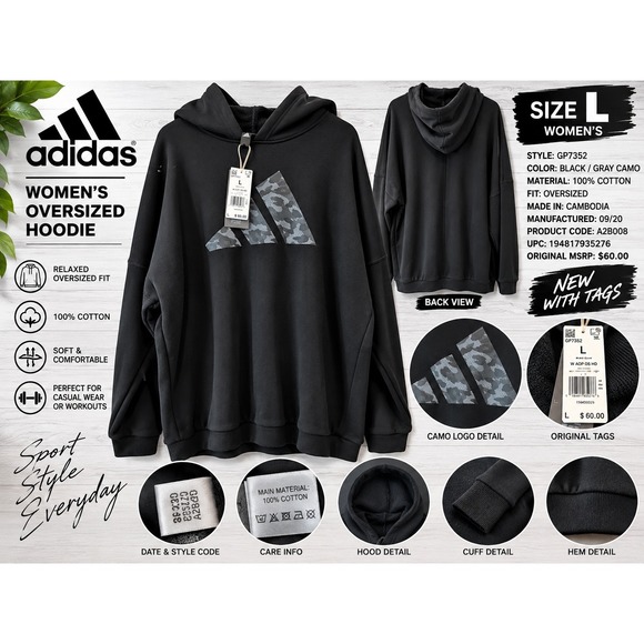 adidas Tops - Adidas Womens Oversized Hoodie Black Grey Camo Logo Sweatshirt GP7352 L